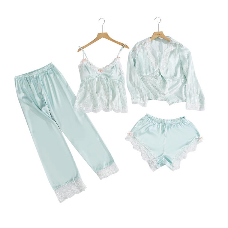 

Женский сексуальный комплект пижамы с длинным рукавом из ледяного шелка: Майка, Длинные брюки, Халат и Нагрудные вкладыши - Весенне-осенняя роскошная домашняя одежда. M