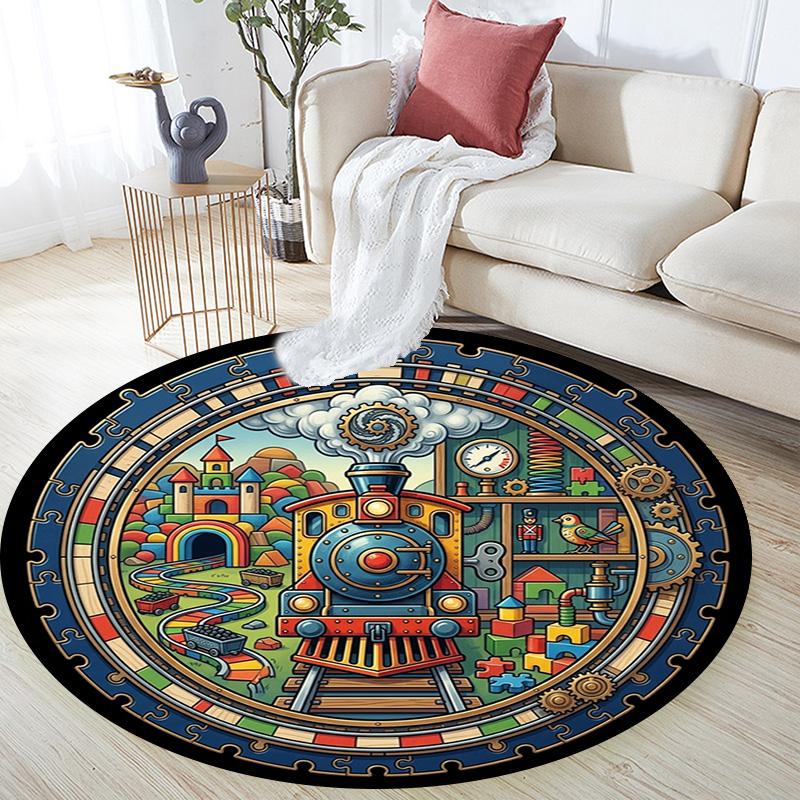 Steam Train Adventure Round Area Rug Under Office Chairs Bedroom Living Room Home Decor