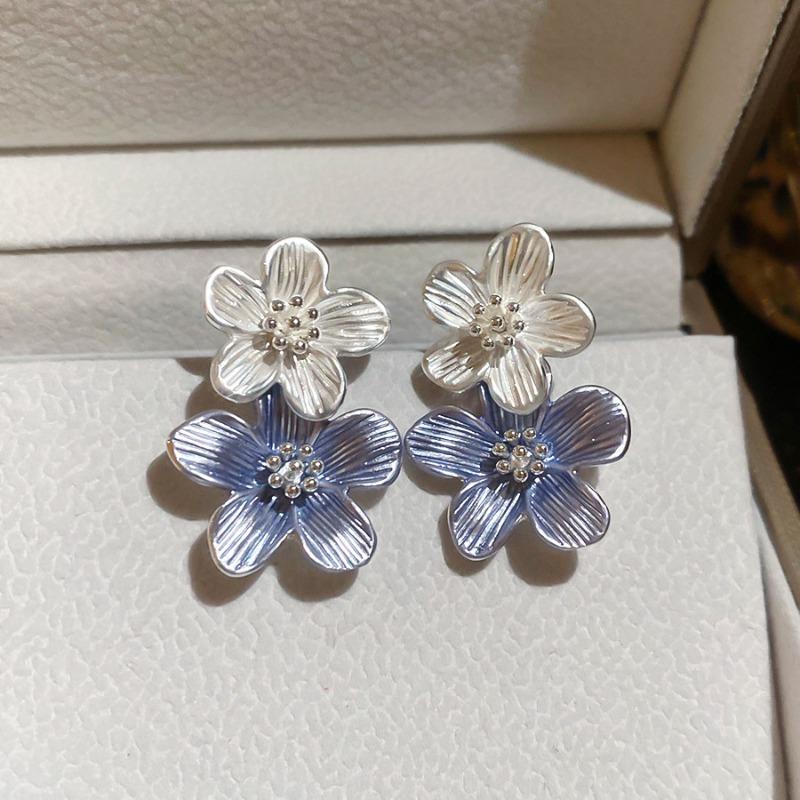 Silver Needle Blue Oil Dripping Flower Stud Earrings Elegant and Cool Earrings Light Luxury High-end Earrings Design Sense Niche Women