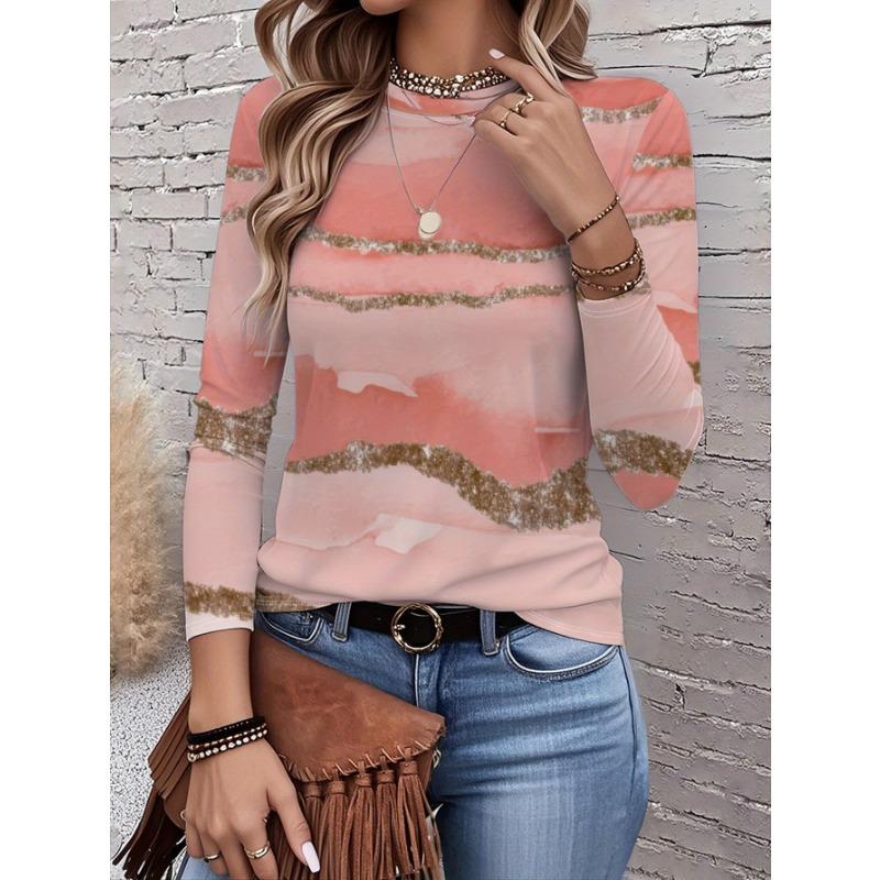 Women's Autumn Long-Sleeve T-Shirt, Marble Print, Street Style Casual Crew Neck Pullover, Loose Fit Outdoor T-Shirt
