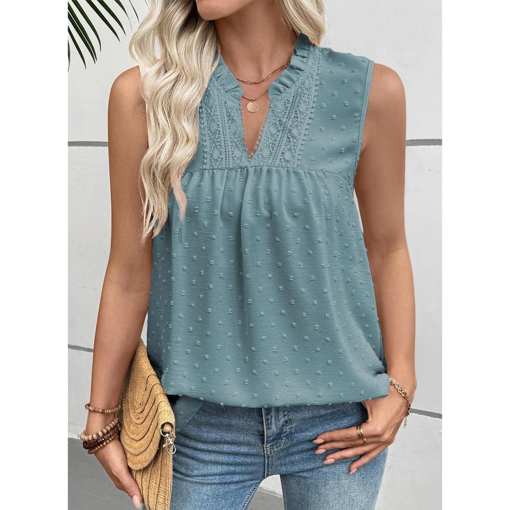 Fashionable Women's Lace Casual Sleeveless Polka Dot Top