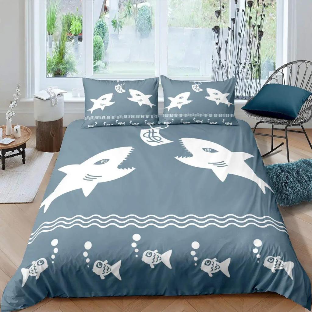 Copripiumino per Bambini con Stampa di Pesce Squalo Cartone Animato Blu e Bianco Decorazione di Lusso per la Camera da Letto di Bambini e Adolescenti Regalo Misura Queen