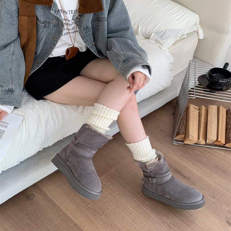 Low Tube Thick Bottom Leather Buckle Knight Boots Sangpo Sheepskin Fur Integrated Thickened Warm Snow Boots Women