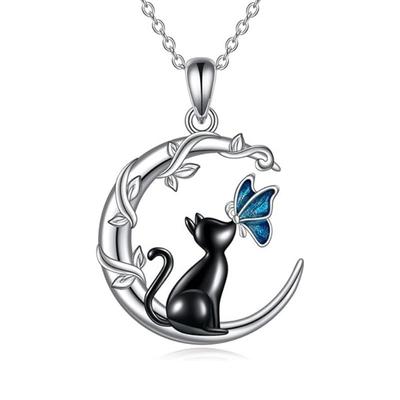 Luxury Female Crystal Stone Moon Cat Butterfly Pendant Necklace Vintage Silver Color Wedding  For Women
