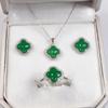 Geometric Four-Leaf Clover Pendant Set With Iced Green Chalcedony Inlay Vacuum Plated Copper Alloy Jewelry Men Women