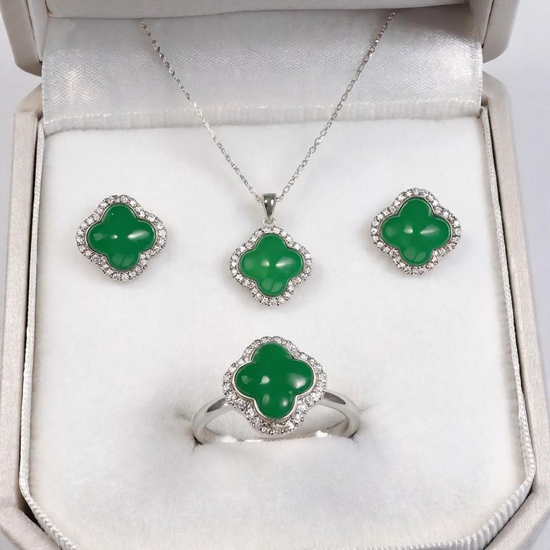 Geometric Four-Leaf Clover Pendant Set With Iced Green Chalcedony Inlay Vacuum Plated Copper Alloy Jewelry Men Women