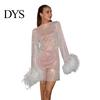 Sexy Evening Dress Glitter with Fur-Trimmed Cuffs Round Women Neckline Long Sleeves See-through Slim Fit