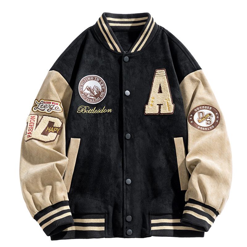 2025 Men's Casual Suede Baseball Jacket - American Street Style with Embroidered Collar