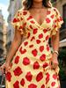 Women's Printed Maxi Dress V Neck Ruffle Sleeve High Waist Elegant Summer Casual Dress
