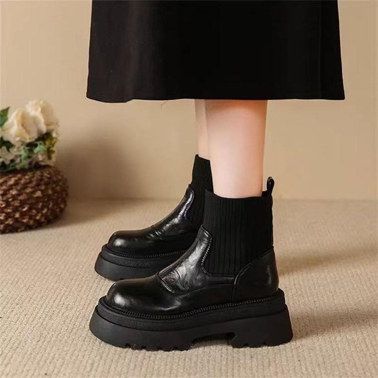 Thick-soled British Chelsea Boots Autumn and Winter New Retro Round Boots Short Boots Martin Boots Brown