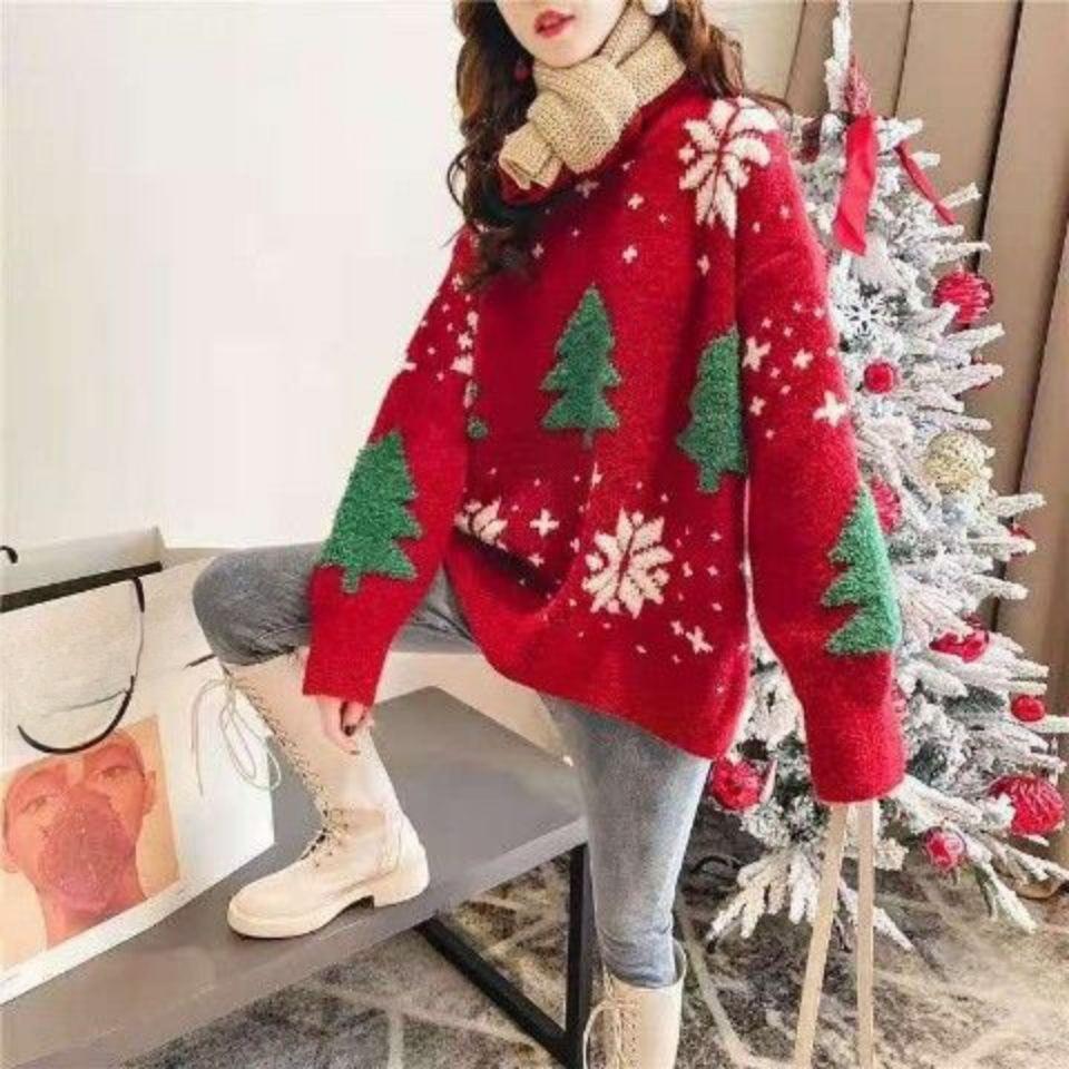 Christmas Sweater Loose Korean-style Pullover for Women Loose Long-sleeved Thick Knitted Sweater for Autumn and Winter