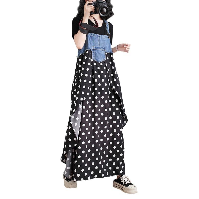 2025 Summer Clothing New Ruffle Edge Loose Printing Denim Design Sense Strap Medium and Long Dress Literary and Fresh