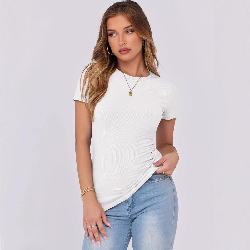 Women European Casual Slim Fit Ribbed Crew Neck Short Sleeve T Shirt