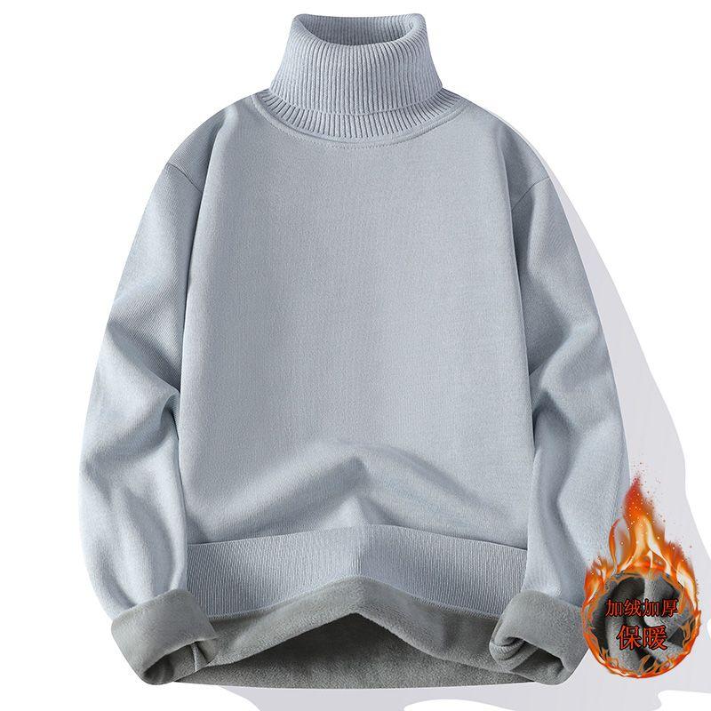 

Мужской свитер с высоким воротником, осень-зима, новый стиль, вязаный базовый, теплый, с плюшевой подкладкой, мужской вязаный, универсальный L серый