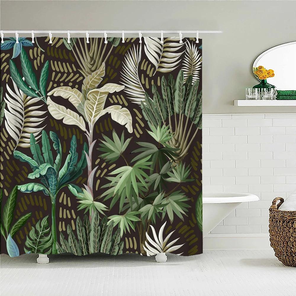 Green Plant Leaves Shower Curtains Bath Curtain Bathroom 3d Printed Fresh Waterproof Polyester Cloth With Hooks Home Decor Mat