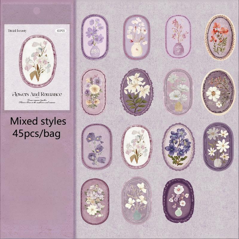 New 45pcs Serene Florals Sticker Pack - Boxed Flower Theme Collection, DIY Journal Collage Decor Set, Literary Stationery
