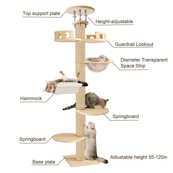 Cat Tree Floor To Ceiling Cat Tree Height Adjustable Cat Tower 6 Tier Hemp Scratching Post High Sturdy Cat Activity Tree Cat Scratching Post