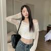 Vintage Hollow Out Crochet Knit Cardigan Thin Women's Autumn Outer Wear Long Sleeve Cover Up Ripped Ice Silk Short Top