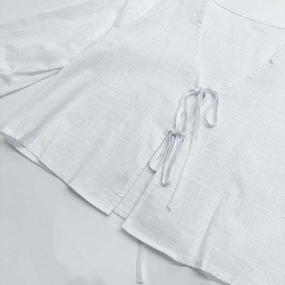 Spring/Summer Trendy Deep V Trumpet Sleeve Tie Top - European & American Women's Fashion