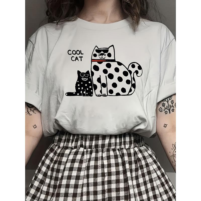 

1 x Cozy Polka Dot Kitten T-Shirt, Women s summer casual t-shirt set, round neck, Cotton, regular fit S белый