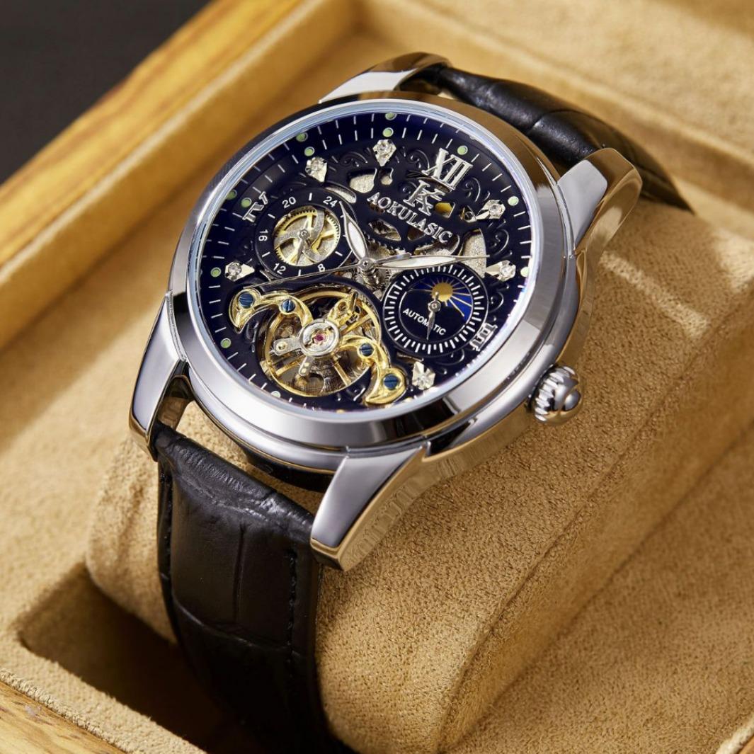 Fashion Accessorie Men's Black/Gold Aokulasic Ogulas Business Hollow Tourbillon Multifunctional Automatic Mechanical Watch Tide