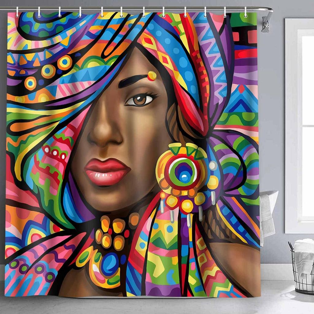 African American Woman Shower Curtain, Women Bath Curtains, Waterproof Upgrade Polyester Fabric Bathroom Decor Set with 12 Hooks