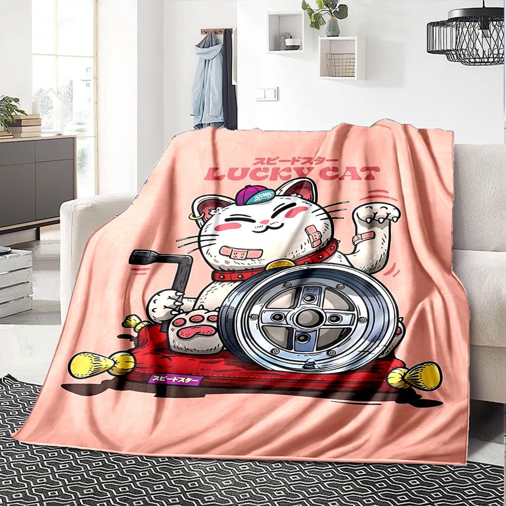 1pc LUCKY CAT Soft Flannel All Season Throw for Home, Office, Outdoor UseDurable Comfort Soft Warm Throw for Home