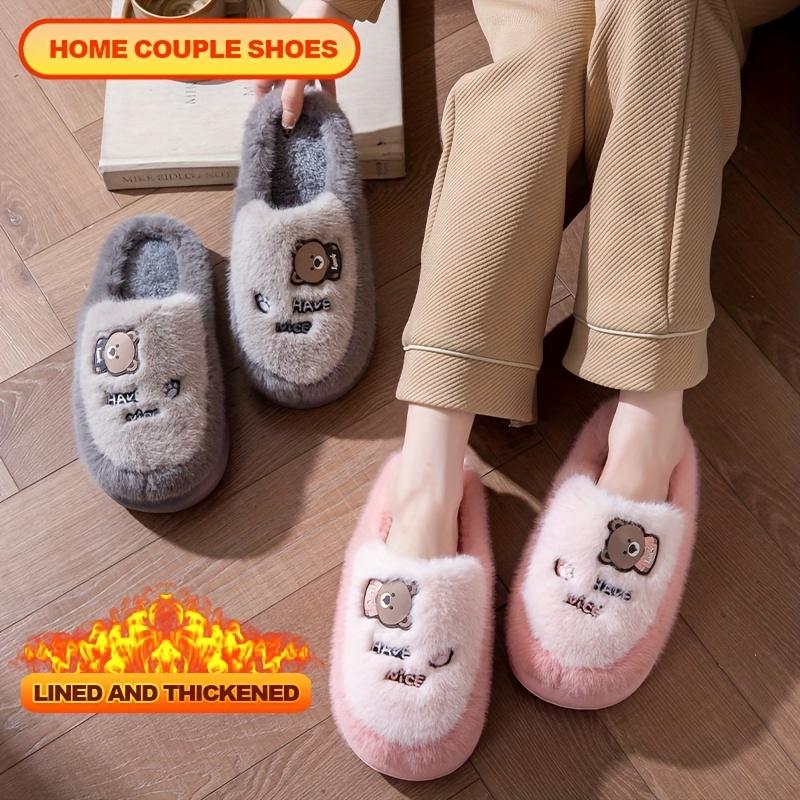Couple's Home Warm Slippers Winter New Men's and Women's Indoor Home Non-Slip Thick Fleece-lined Thick Lazy Shoes Carto Bear Flat Slippers