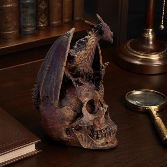 Abstract Dragon Ornament Flying Skull Resin Statue, On Human Figurine, Bookshelf Display Figurine Halloween Sculpture, Gothic Garden Decor for