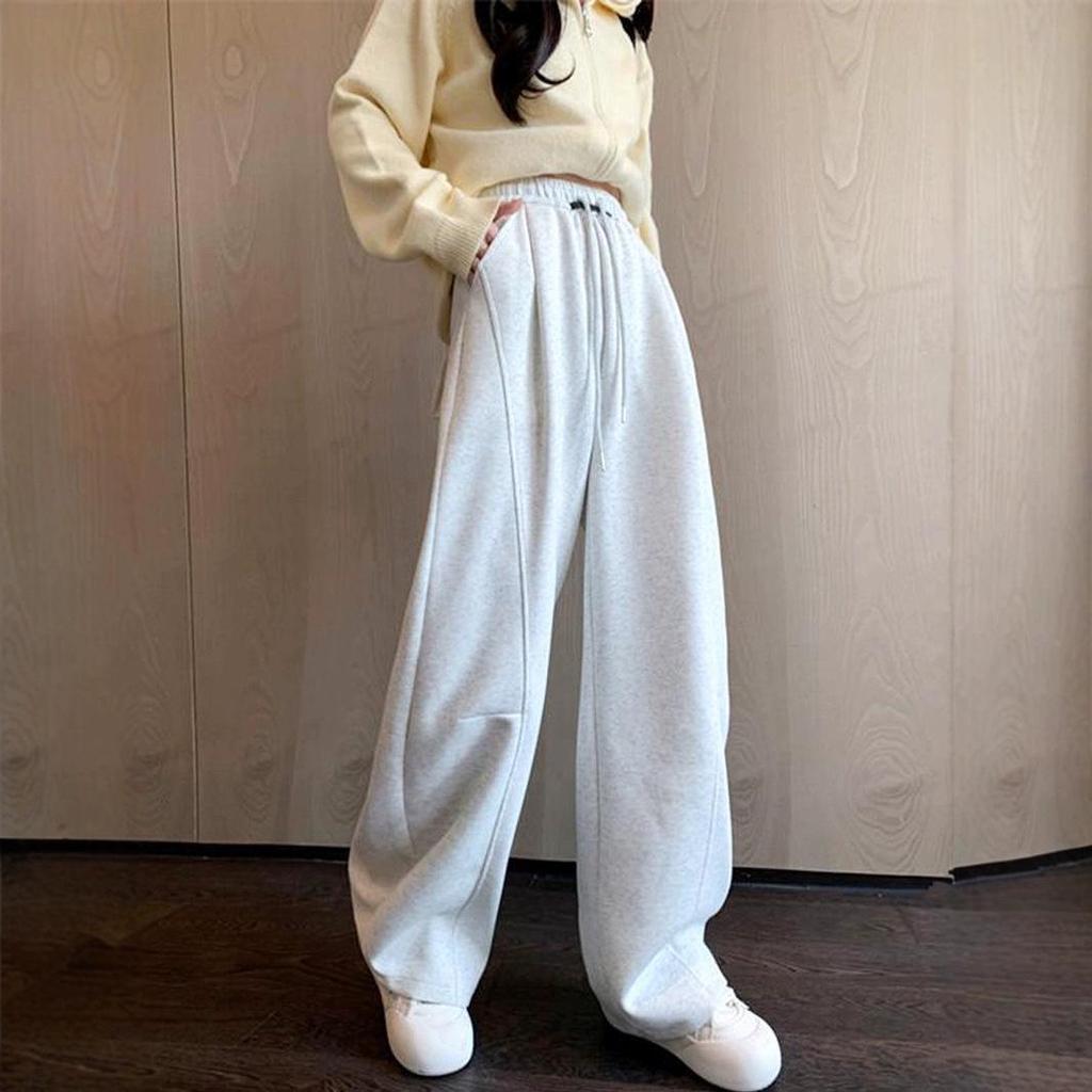 Women's Fleece-Lined Wide-Leg High-Waisted Sports Pants: Slimming, Loose-Fit, Autumn/Winter Casual Sweatpants.