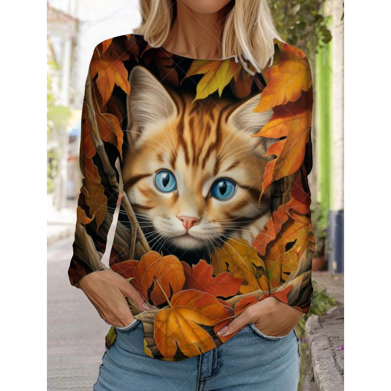 2024 Fashion Design Women's T shirts 3D Print Kawaii Cat Graphics Long Sleeve Crew Neck Regular Fit Spring/Fall Funny Sportwears