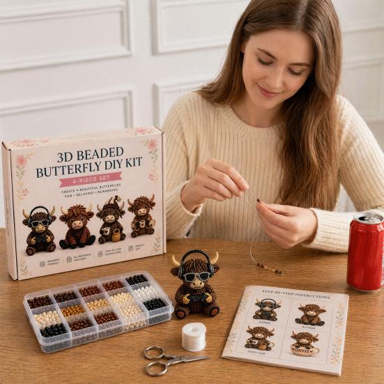 3D Perlen Highland Rind Bausatz für Erwachsene, Kleine 3D Perltiere, DIY Perlen-Set, Highland Rind Perlenstickerei Kits, 4 Niedliche Designs Rind Thema Perlenarbeiten