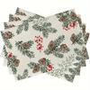 4pcs Rustic Farmhouse Christmas Placemats, 100% Linen Rectangular Table Mats with Winter Pine Cone and Berry Design, Machine Was