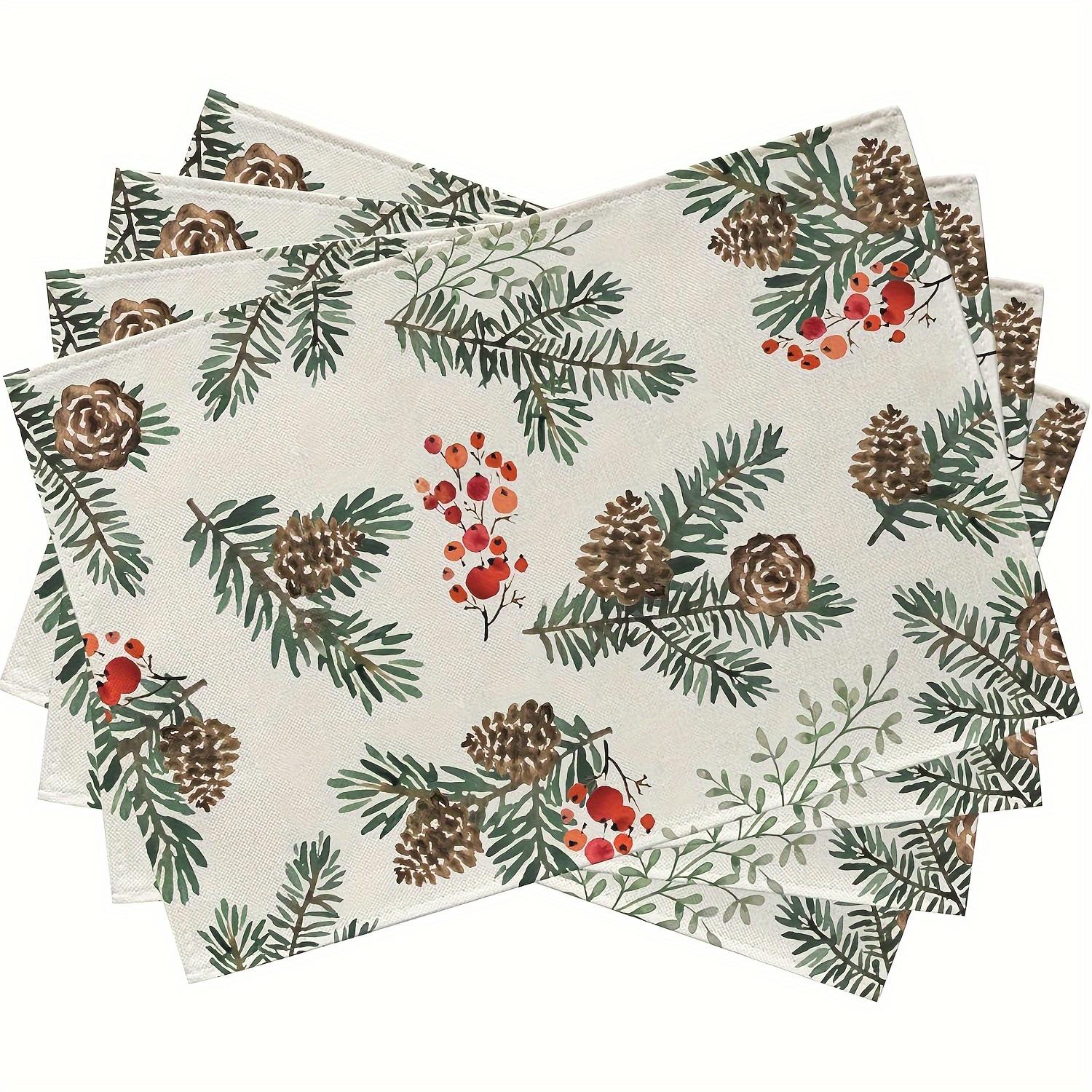 

4pcs Rustic Farmhouse Christmas Placemats, 100% Linen Rectangular Table Mats with Winter Pine Cone and Berry Design, Machine Was 30x45cm-4PC