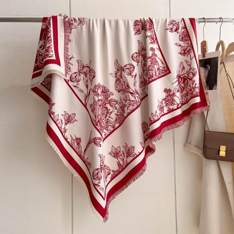 Winter New Imitation Cashmere Scarf High-end Women's Warm Square Scarf Red Cashew Jacquard Cape Shawl