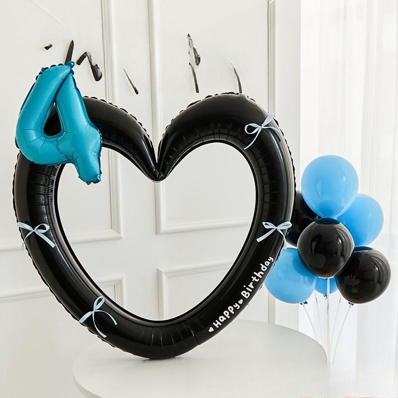 Heart Photo Frame Balloon Foil 0-9 Blue Number with Bowk Stickers for Blue Style Birthday Party Photo Props Wedding Ballon Decor
