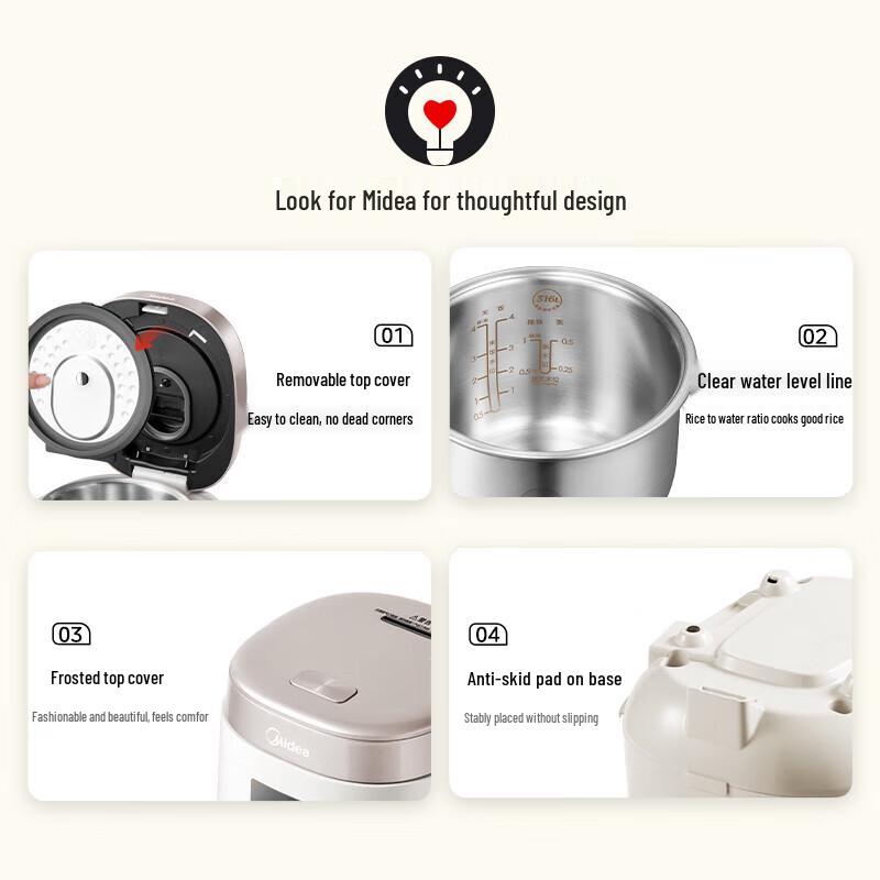 Midea 2L 0-Coating Stainless Steel Smart Rice Cooker CN Plug (adapter Included)