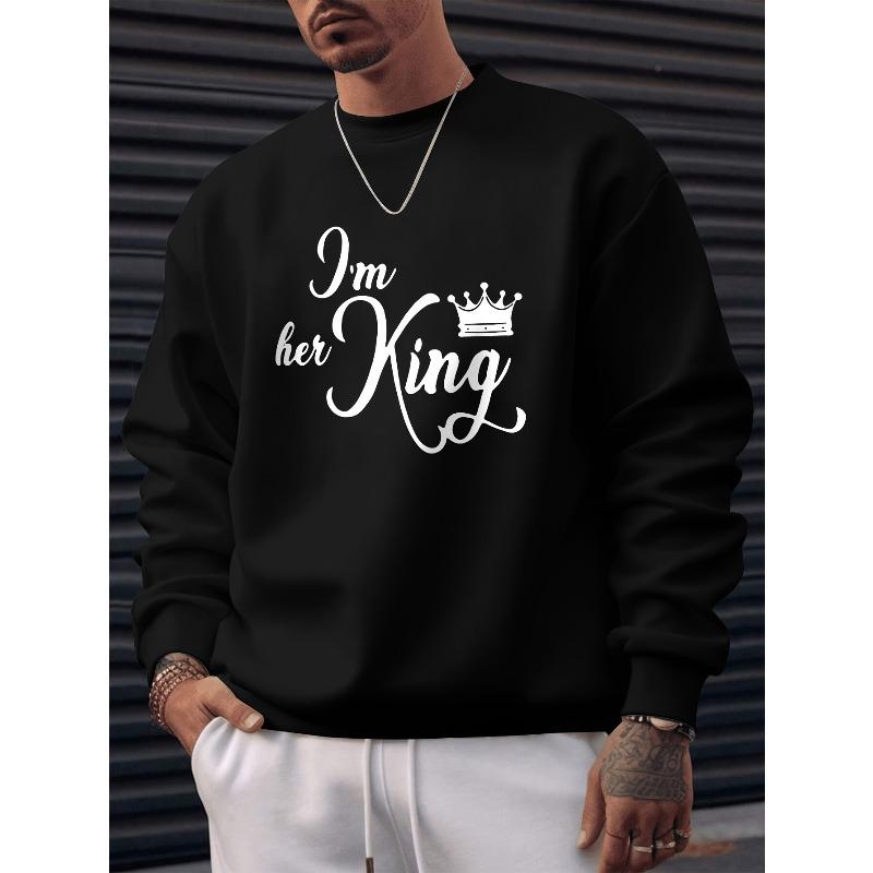1pc Men'S Fashion Creative Design King Letter Print Casual Round Neck Black Sweatshirt, Large Size, Plus Size