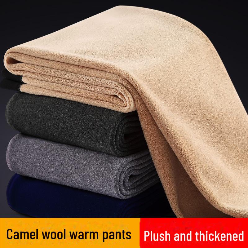 Men's Winter Thickened Velvet-Lined Elastic Waist Pants with Knee Pads - Camel Wool Cotton for Middle-Aged