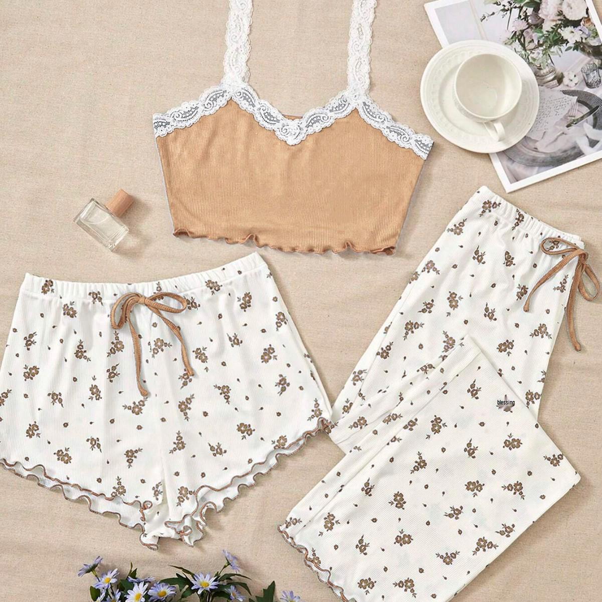 Women s Sweet Three-Piece Pajama Set - Camisole, Shorts, and Top for Spring/Summer Small хаки