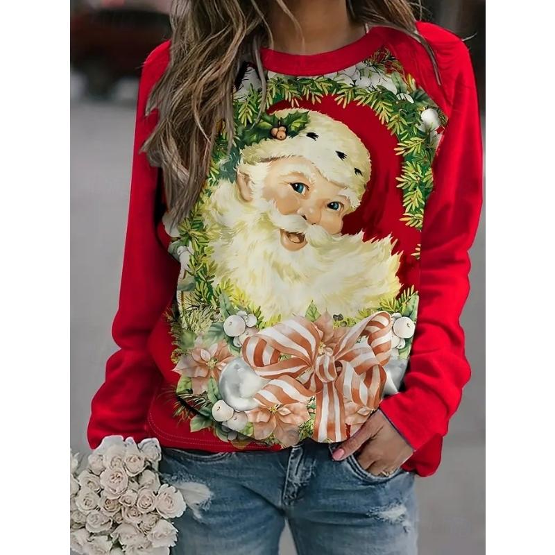 Women's Pullover Graphic Santa Claus Christmas Casual Long Sleeve Crew Neck Regular Tops Casual Holiday Print Pink Red Blue Spring Fall Winter