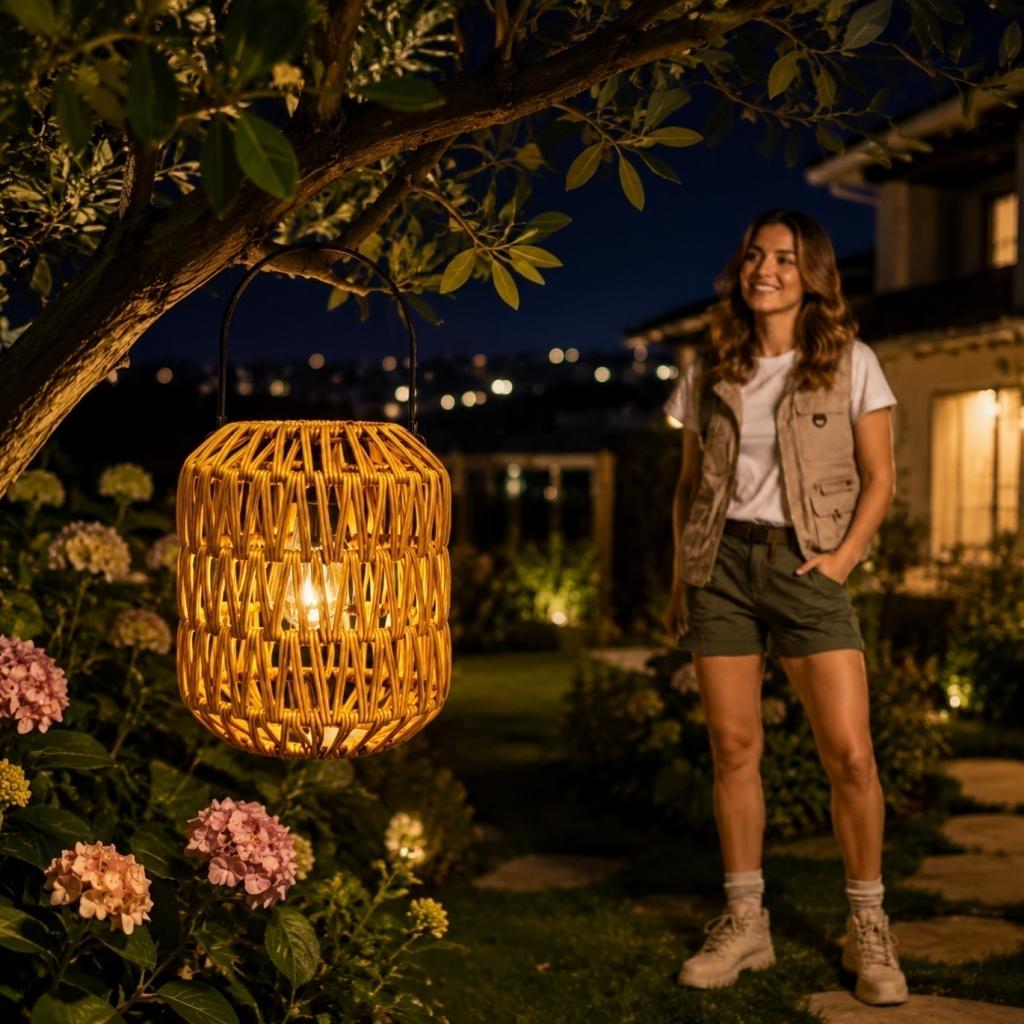 Solar Lantern Handmade Rattan Outdoor Light Camping Lantern Patio Garden Landscape Lighting Solar Powered Ambient Light for Outdoor Use