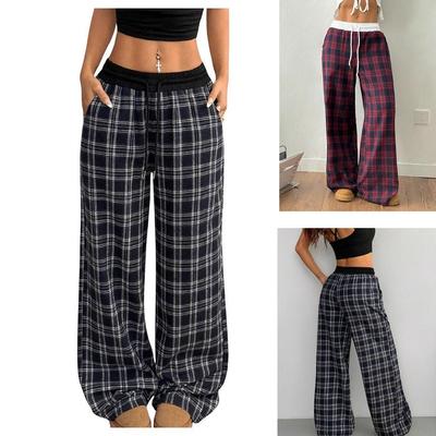 2025 karierte Patchwork-Freizeithose mit hohem Bund und geradem Bein