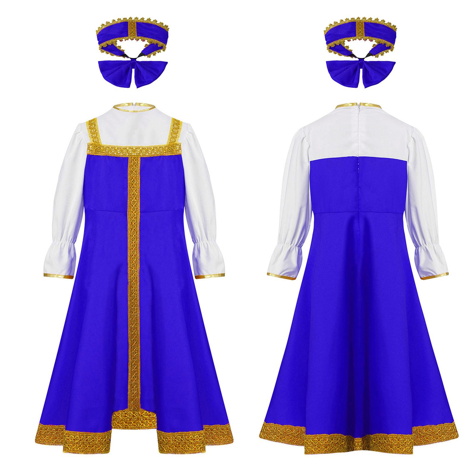 

Girls Russian Costume Round Neck Puff Sleeve Gold Embroidery Knee Length Dress Beautiful Headpiece Traditional Set 7-8 Years синій
