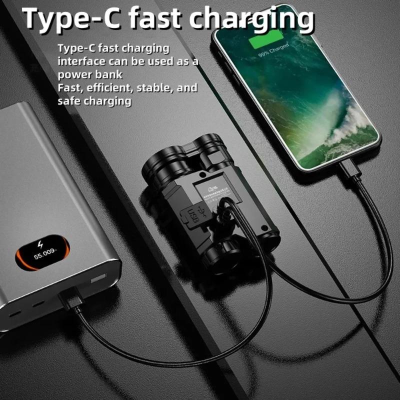 LED Dual Light Source Flashlight USB Rechargeable Bright Floodlight Camping Torch 5 Modes Emergency Work Lamp Built-in Battery