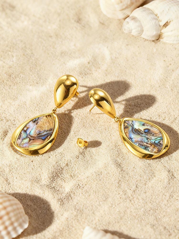 Natural Abalone Shell Teardrop Drop Earrings for Women, Gold Plated Stainless Steel Boho Beach Holiday Jewelry