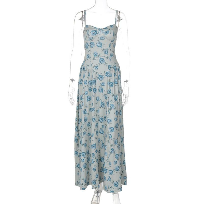 Summer New Sweet Chest Wrapping Slim Temperament Princess Dress Floral Suspender Dress Women S зелёный