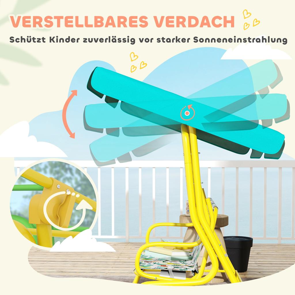 2-Seater Kids Hollywood Swing with Adjustable Canopy, Safety Belt for 3-6 Years up to 60 kg 112x75x120cm Green