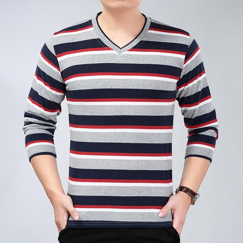 Spring and Autumn Men's V-neck Stripe Thread Decoration Loose Casual Fashion Elegant Commuting Long Sleeved Bottom Shirt