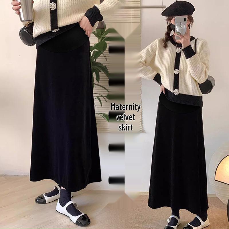 High-Waisted Maternity Velvet Fishtail Skirt, Draped with Slit, Mid-Length, Hip-Hugging, Slimming - 2026 Spring/Summer Collection L чёрный